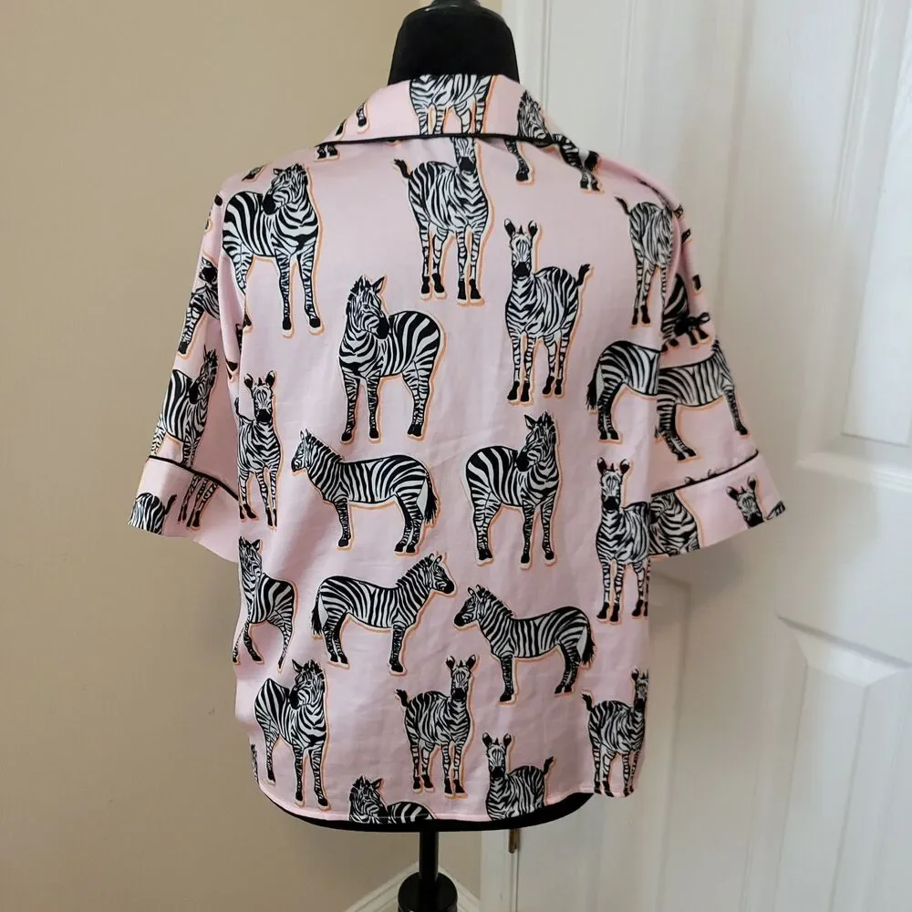 River Island Satin Light Pink With Zebra Short Sleeve Pajama Top Size M - Picture 3 of 6